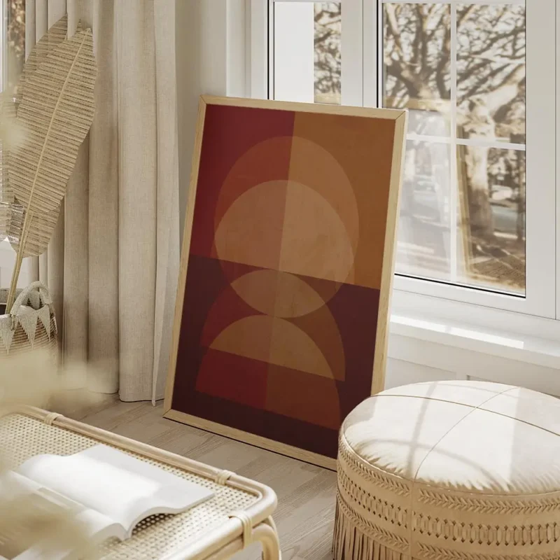 affiche avec formes geometriques abstraites superposees et texturees aux couleur salon beige.webp