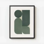 affiche avec formes geometriques vertes et rectangles sur fond beige clair avec cadre.webp