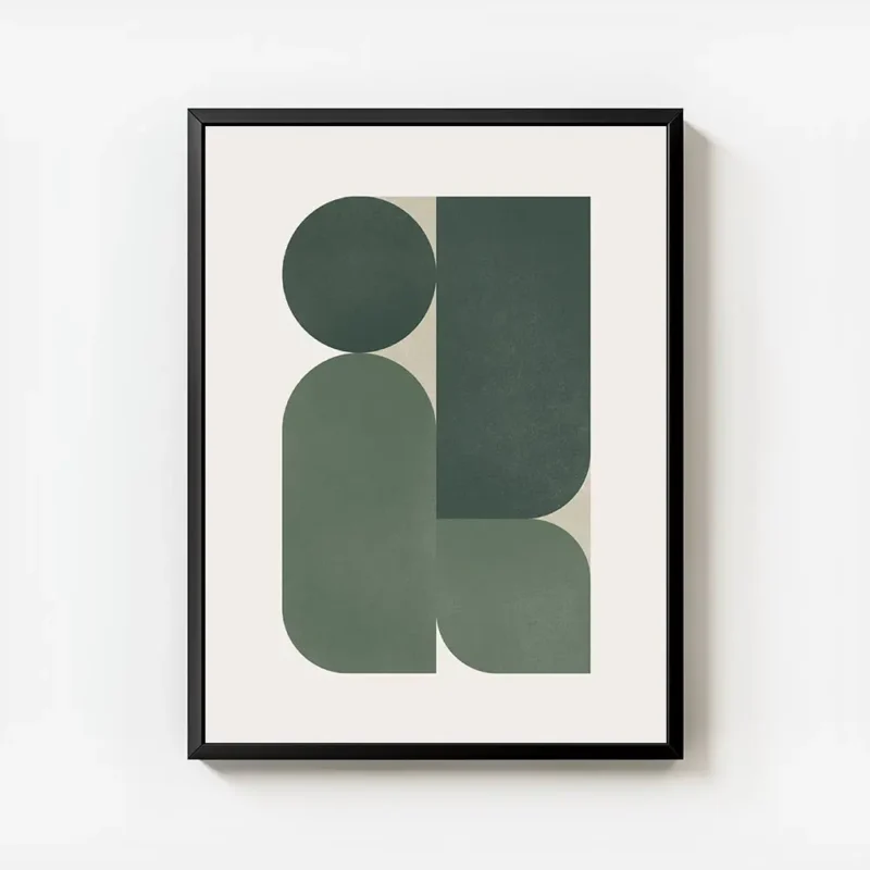 affiche avec formes geometriques vertes et rectangles sur fond beige clair avec cadre.webp