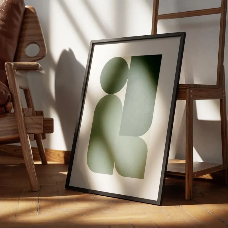 affiche avec formes geometriques vertes et rectangles sur fond beige clair encadre.webp