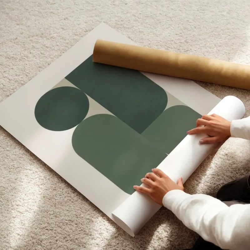 affiche avec formes geometriques vertes et rectangles sur fond beige clair enroule.webp