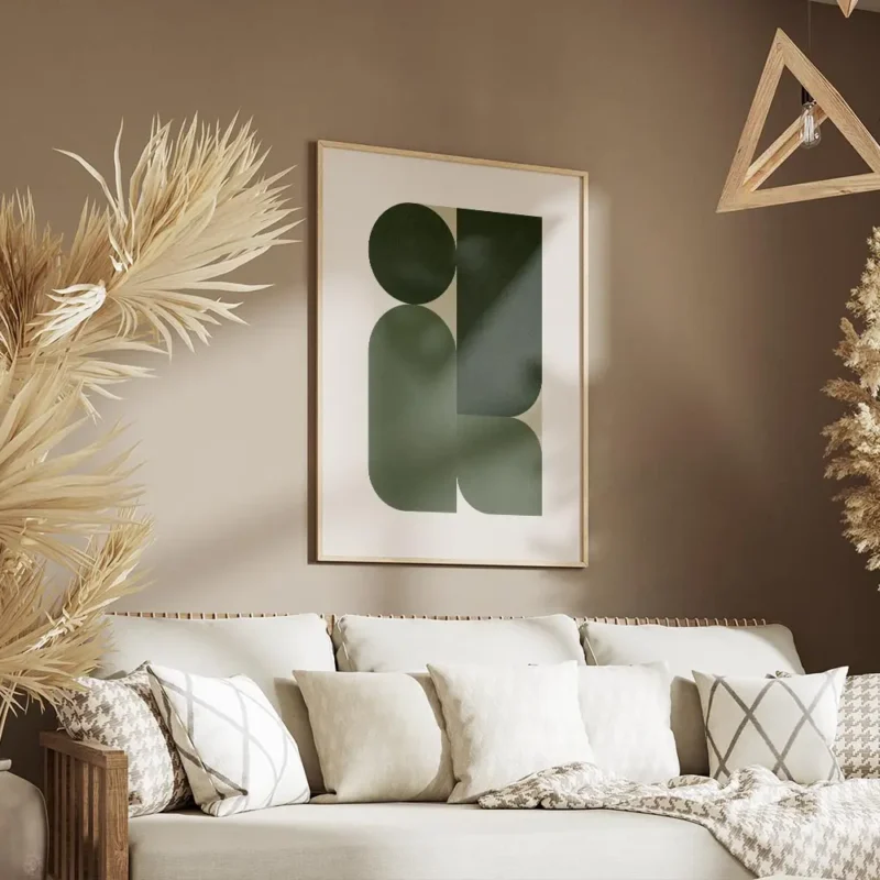affiche avec formes geometriques vertes et rectangles sur fond beige clair salon.webp