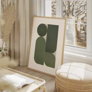 affiche avec formes geometriques vertes et rectangles sur fond beige clair salon beige.webp
