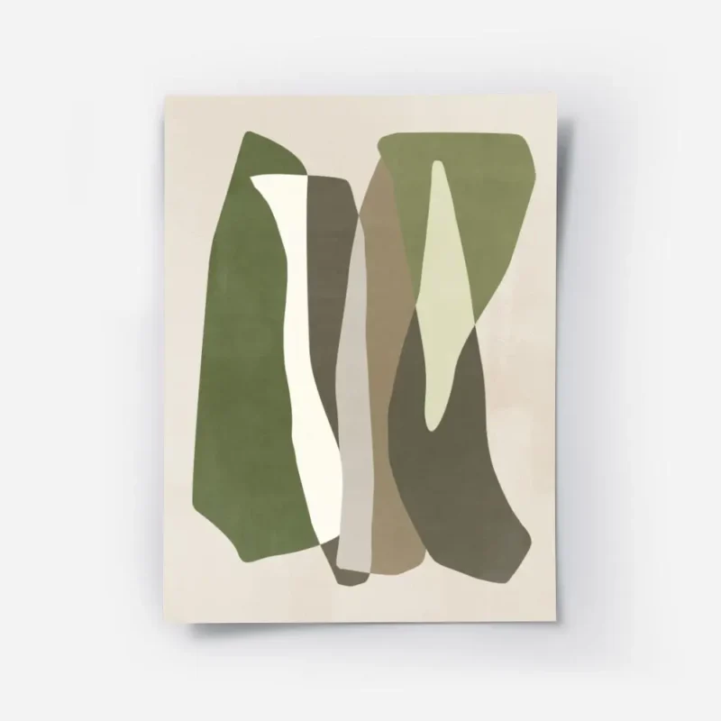 affiche avec formes graphiques vertes blanches grises et marron sur fond beige s.webp