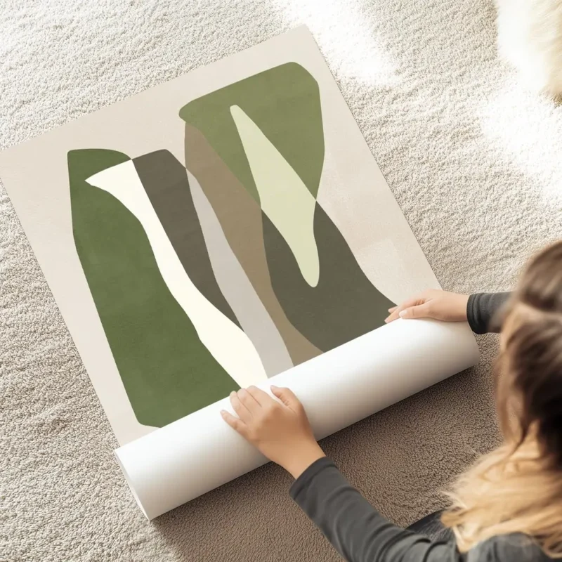 affiche avec formes graphiques vertes blanches grises et marron sur fond beige s au sol.webp