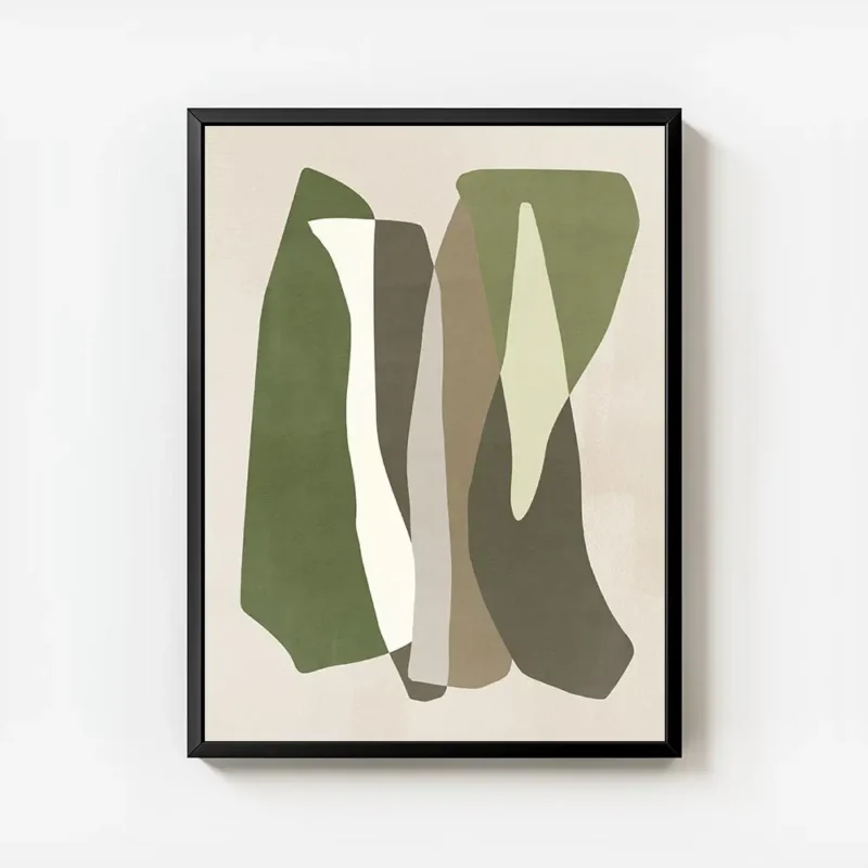 affiche avec formes graphiques vertes blanches grises et marron sur fond beige s avec cadre.webp