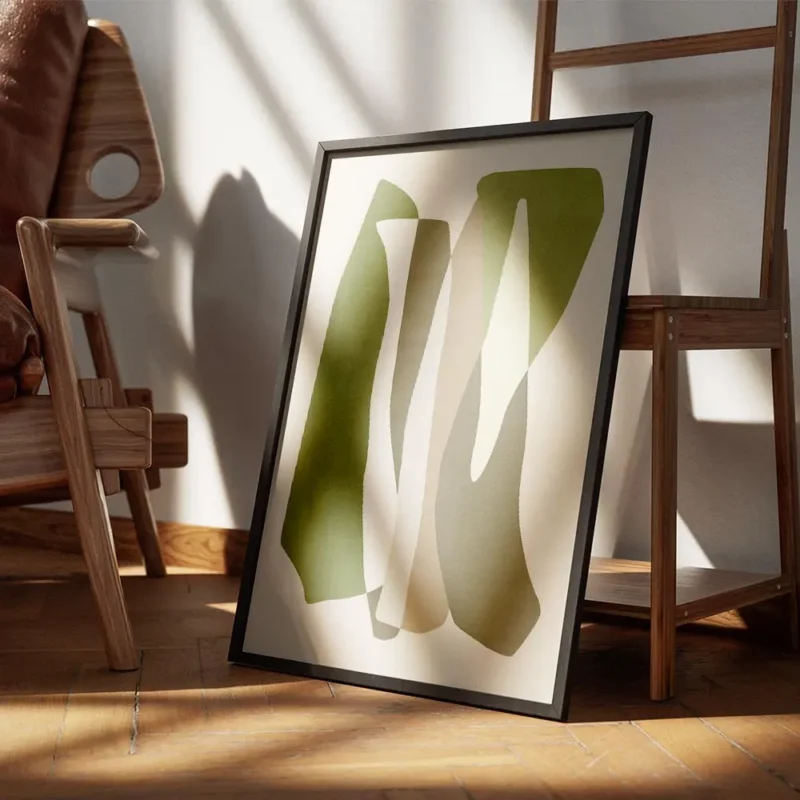 affiche avec formes graphiques vertes blanches grises et marron sur fond beige s encadre.webp