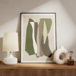affiche avec formes graphiques vertes blanches grises et marron sur fond beige s meuble.webp
