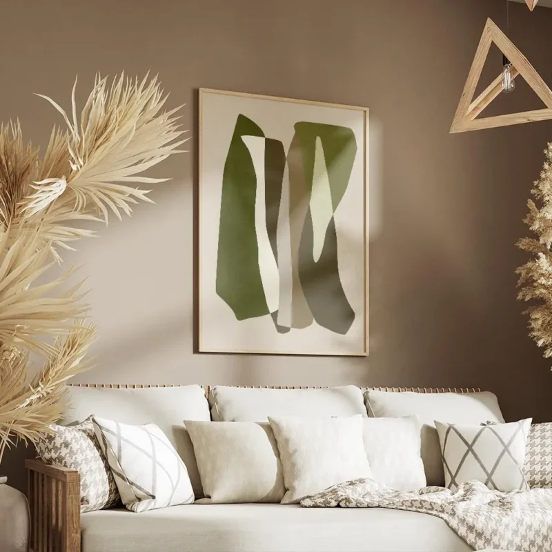 affiche avec formes graphiques vertes blanches grises et marron sur fond beige s salon.webp