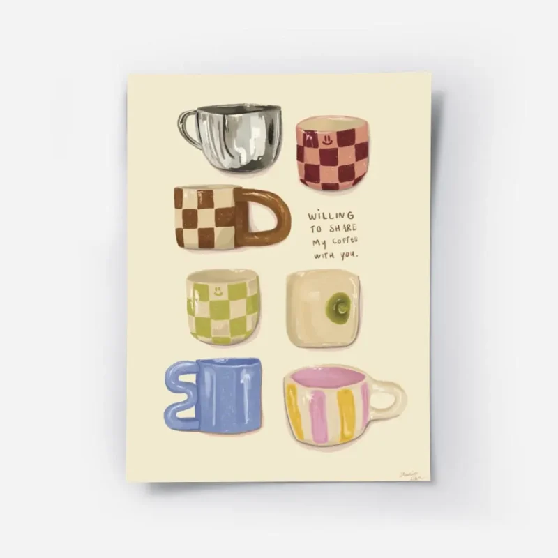 affiche avec huit tasses a cafe illustrees de differentes formes et motifs et la.webp