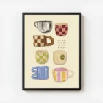 affiche avec huit tasses a cafe illustrees de differentes formes et motifs et la avec cadre.webp