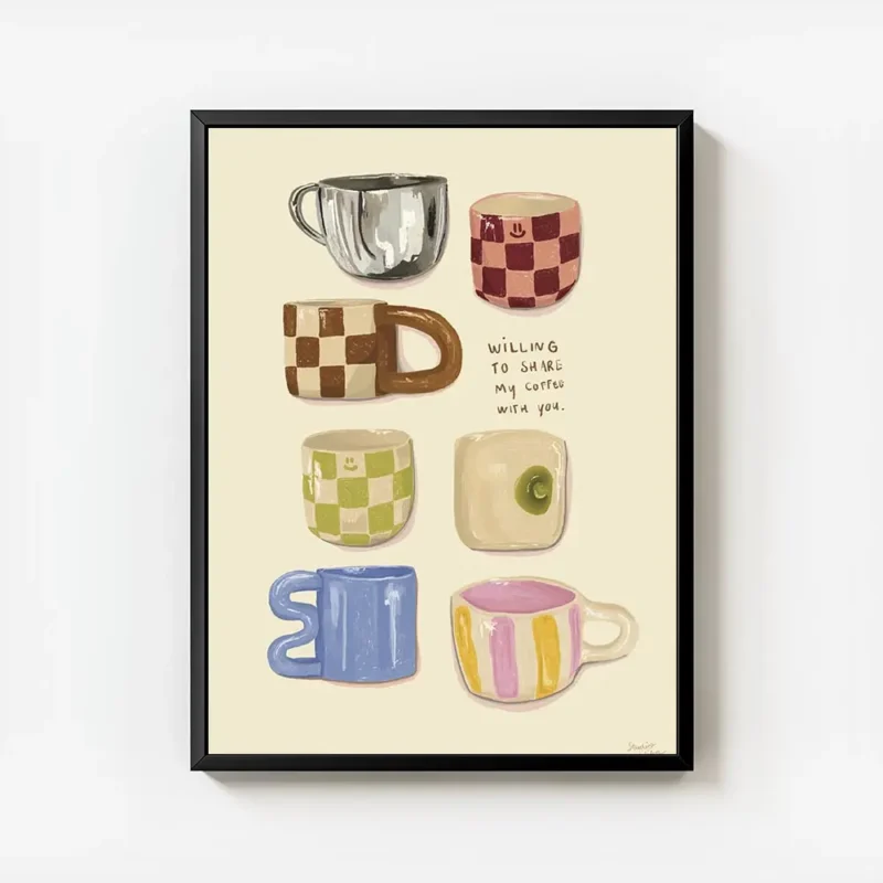 affiche avec huit tasses a cafe illustrees de differentes formes et motifs et la avec cadre.webp