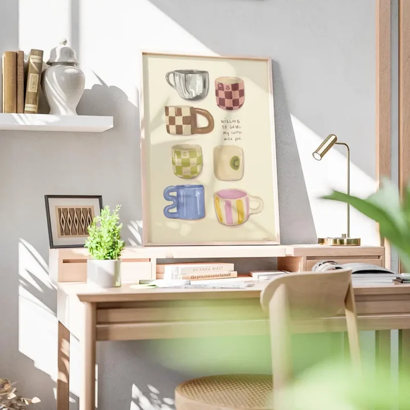 affiche avec huit tasses a cafe illustrees de differentes formes et motifs et la bureau.webp