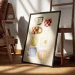 affiche avec huit tasses a cafe illustrees de differentes formes et motifs et la encadre.webp