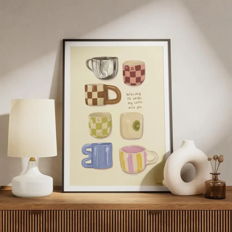 affiche avec huit tasses a cafe illustrees de differentes formes et motifs et la meuble.webp