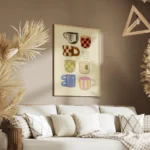 affiche avec huit tasses a cafe illustrees de differentes formes et motifs et la salon.webp