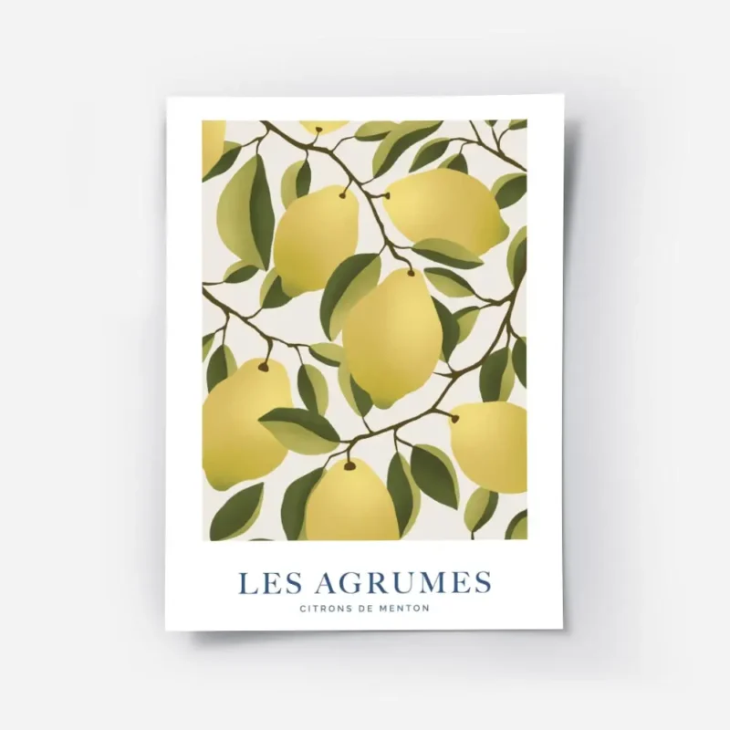 affiche avec illustration de citrons jaunes sur des branches feuillues sur fond .webp