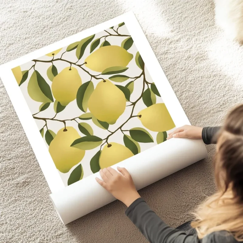 affiche avec illustration de citrons jaunes sur des branches feuillues sur fond au sol.webp