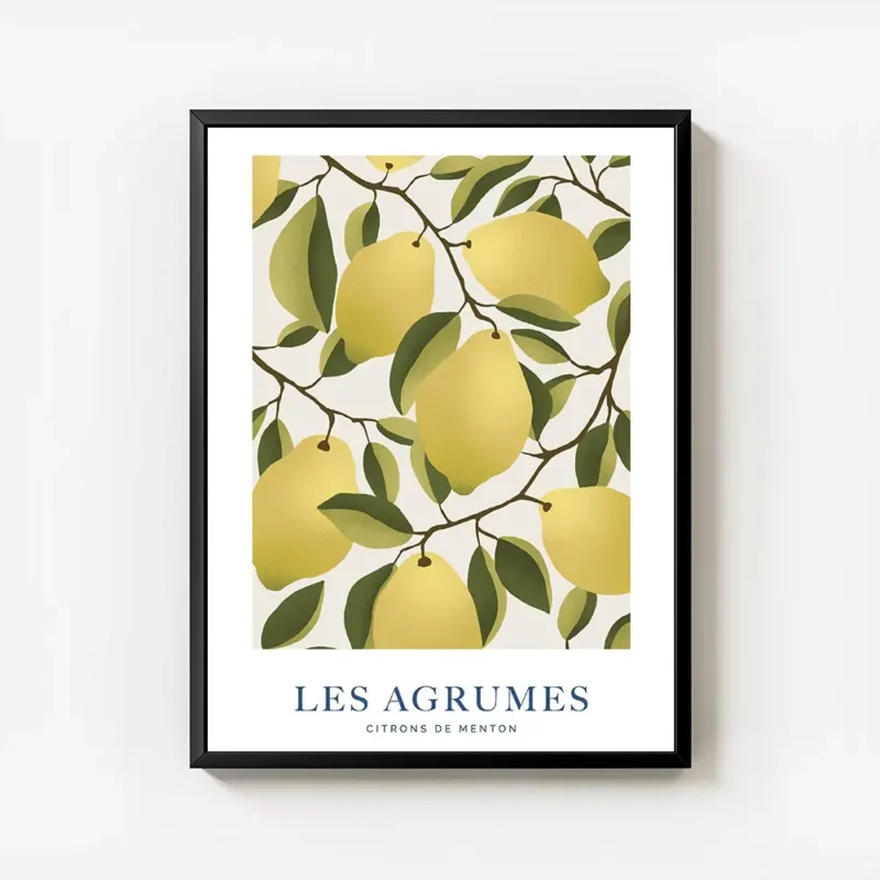 affiche avec illustration de citrons jaunes sur des branches feuillues sur fond avec cadre.webp