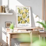 affiche avec illustration de citrons jaunes sur des branches feuillues sur fond bureau.webp