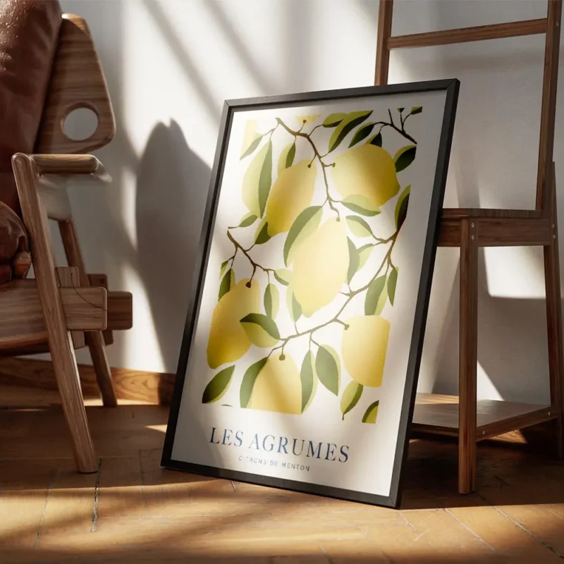 affiche avec illustration de citrons jaunes sur des branches feuillues sur fond encadre.webp