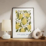 affiche avec illustration de citrons jaunes sur des branches feuillues sur fond meuble.webp