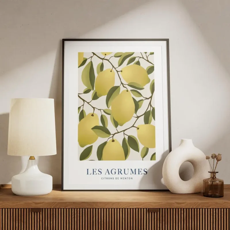 affiche avec illustration de citrons jaunes sur des branches feuillues sur fond meuble.webp