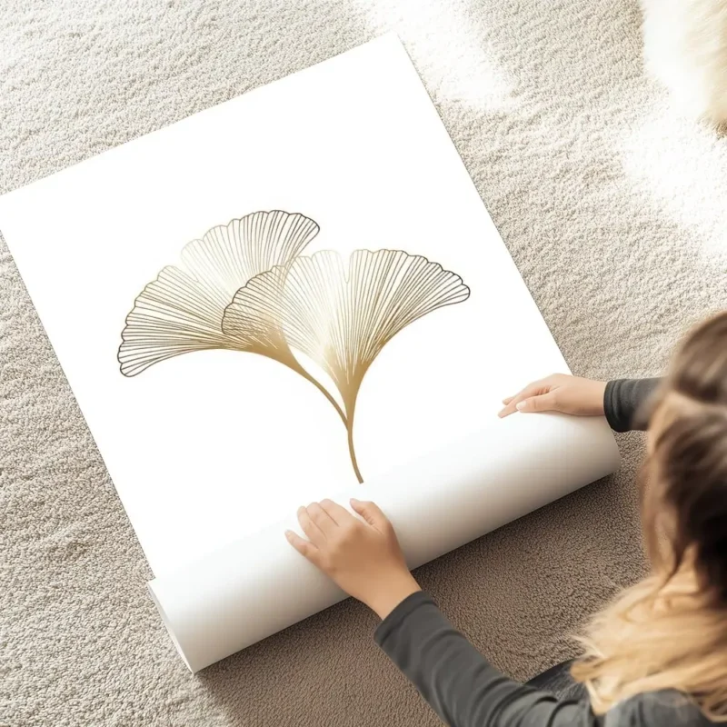 affiche avec illustration de deux feuilles de ginkgo dorees avec un design graph au sol.webp