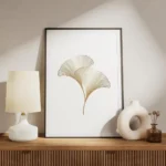 affiche avec illustration de deux feuilles de ginkgo dorees avec un design graph meuble.webp
