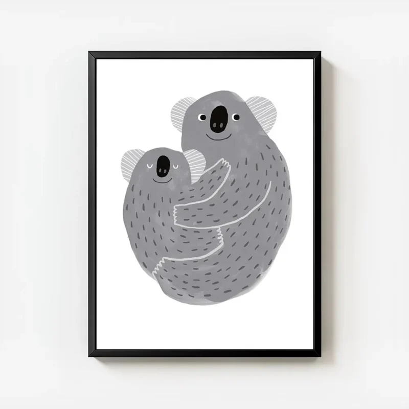 affiche avec illustration de deux koalas gris enlaces aux yeux ronds et souriant avec cadre.webp