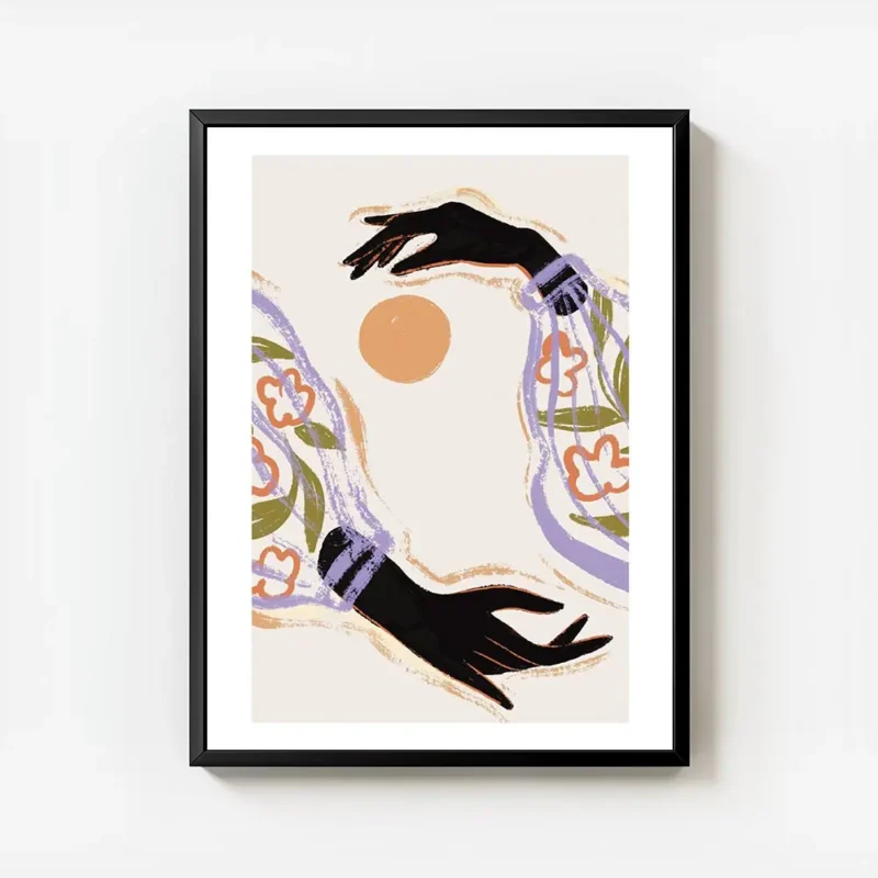 affiche avec illustration de deux mains noires aux manches fleuries et violettes avec cadre.webp