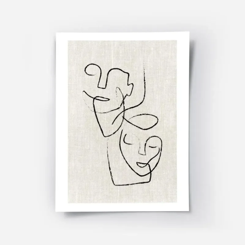 affiche avec illustration de deux visages abstraits noirs sur fond beige texture.webp