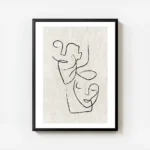 affiche avec illustration de deux visages abstraits noirs sur fond beige texture avec cadre.webp