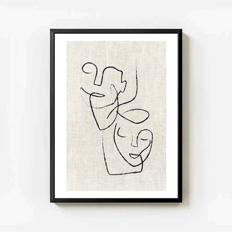 affiche avec illustration de deux visages abstraits noirs sur fond beige texture avec cadre.webp