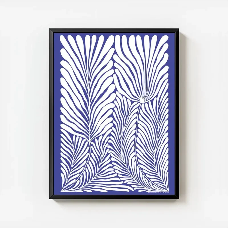 affiche avec illustration de feuilles de palmier blanches aux lignes fluides sur avec cadre.webp