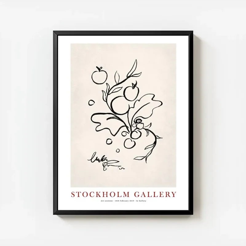 affiche avec illustration de feuilles et baies noires dessinees a la main sur fo avec cadre.webp