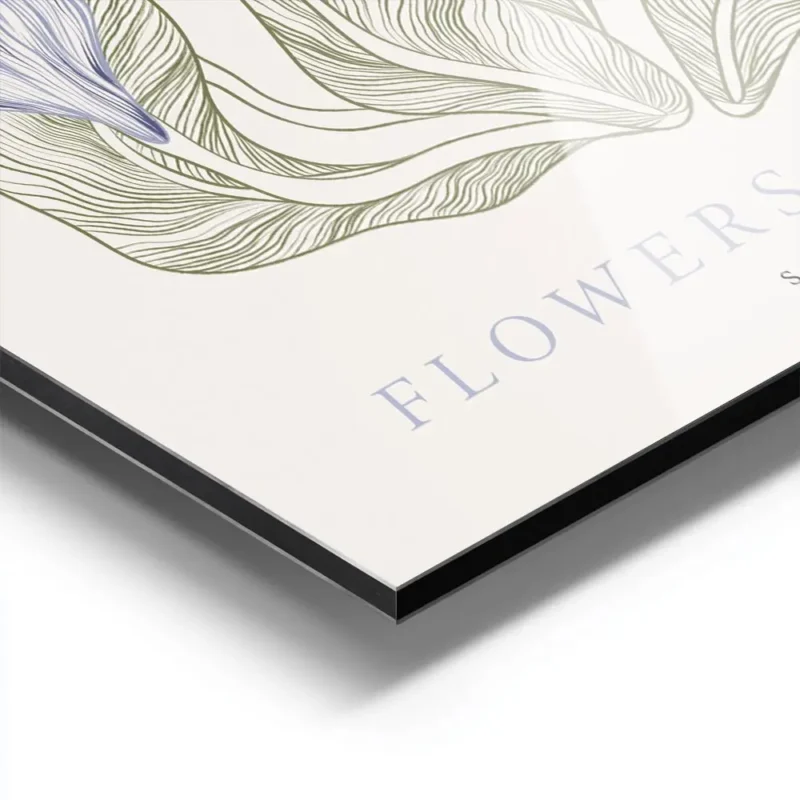 affiche avec illustration de fleurs bleues dessinees et de feuilles vertes typog aluminium.webp