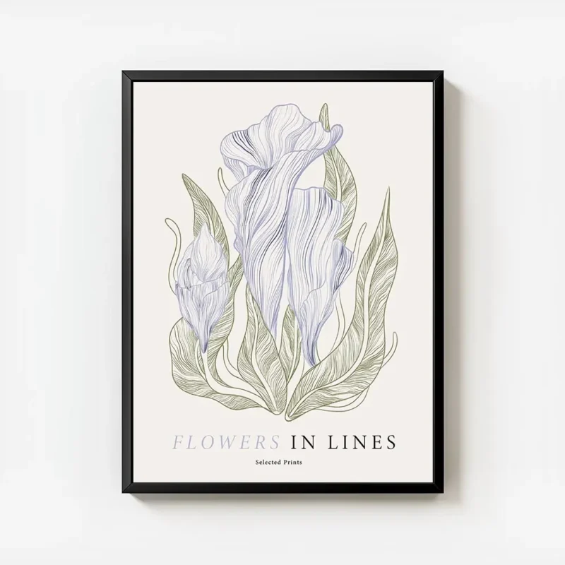 affiche avec illustration de fleurs bleues dessinees et de feuilles vertes typog avec cadre.webp