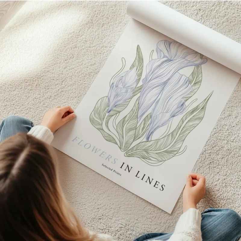 affiche avec illustration de fleurs bleues dessinees et de feuilles vertes typog en rouleau.webp