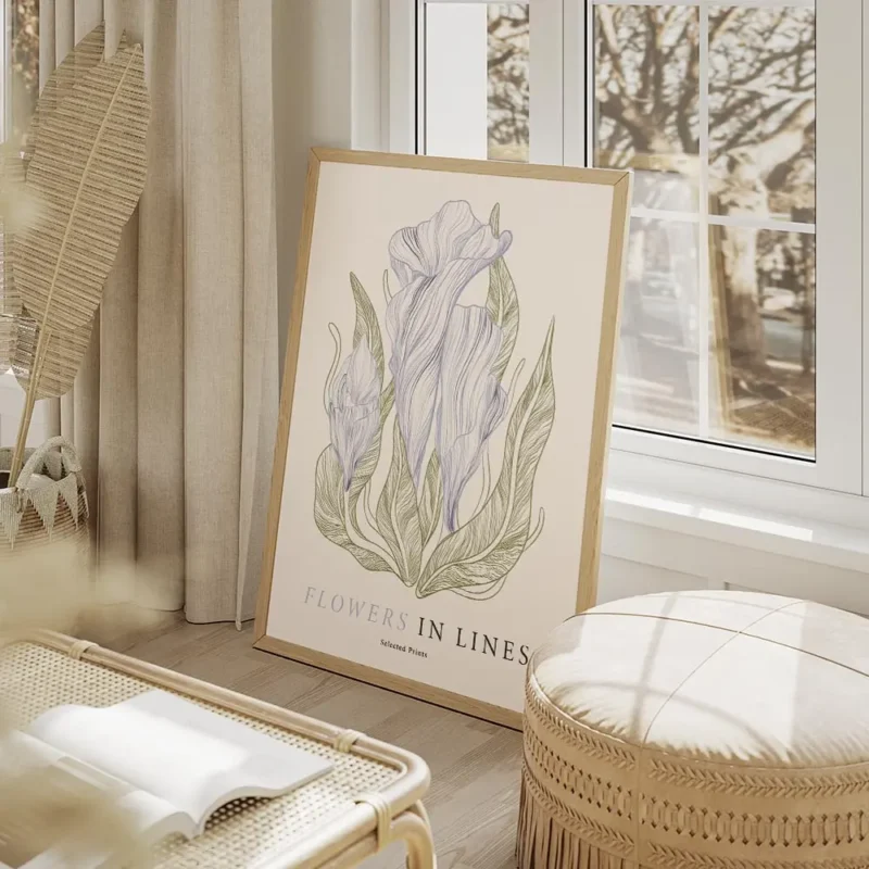 affiche avec illustration de fleurs bleues dessinees et de feuilles vertes typog salon beige.webp