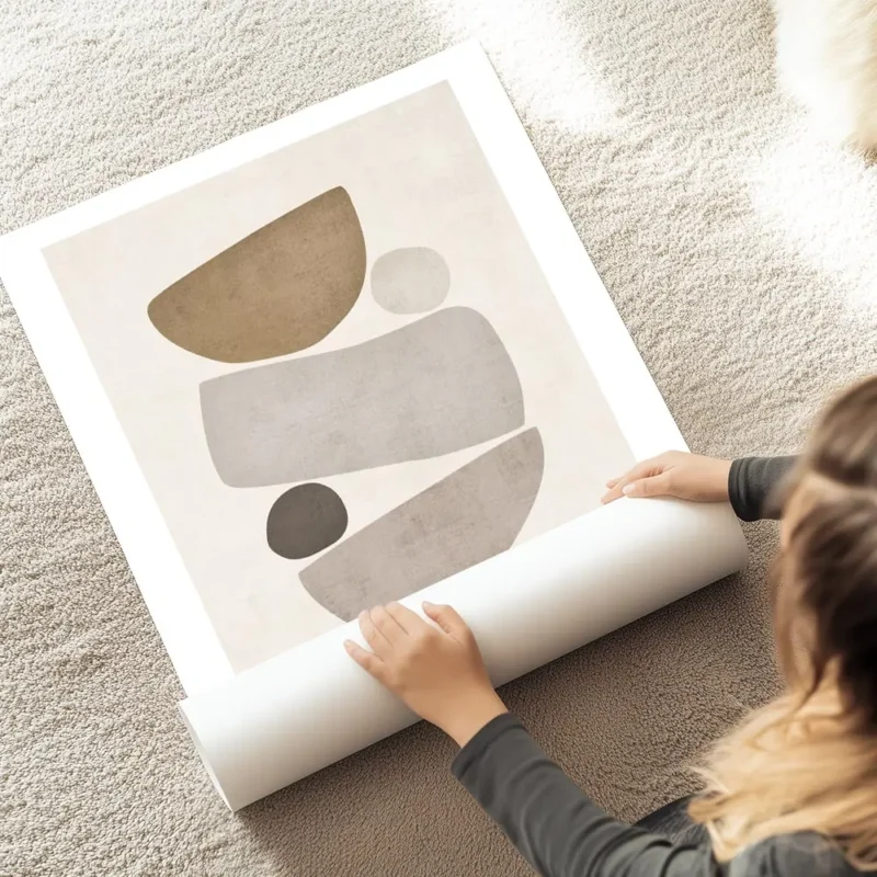 affiche avec illustration de formes abstraites et texturees en beige et gris sur au sol.webp