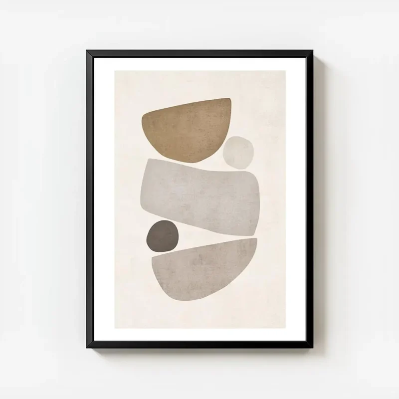 affiche avec illustration de formes abstraites et texturees en beige et gris sur avec cadre.webp