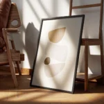affiche avec illustration de formes abstraites et texturees en beige et gris sur encadre.webp