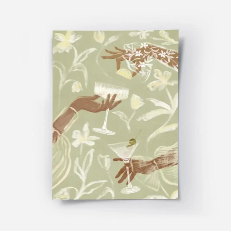 affiche avec illustration de mains tenant des verres a cocktail entourees de lys.webp