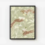 affiche avec illustration de mains tenant des verres a cocktail entourees de lys avec cadre.webp