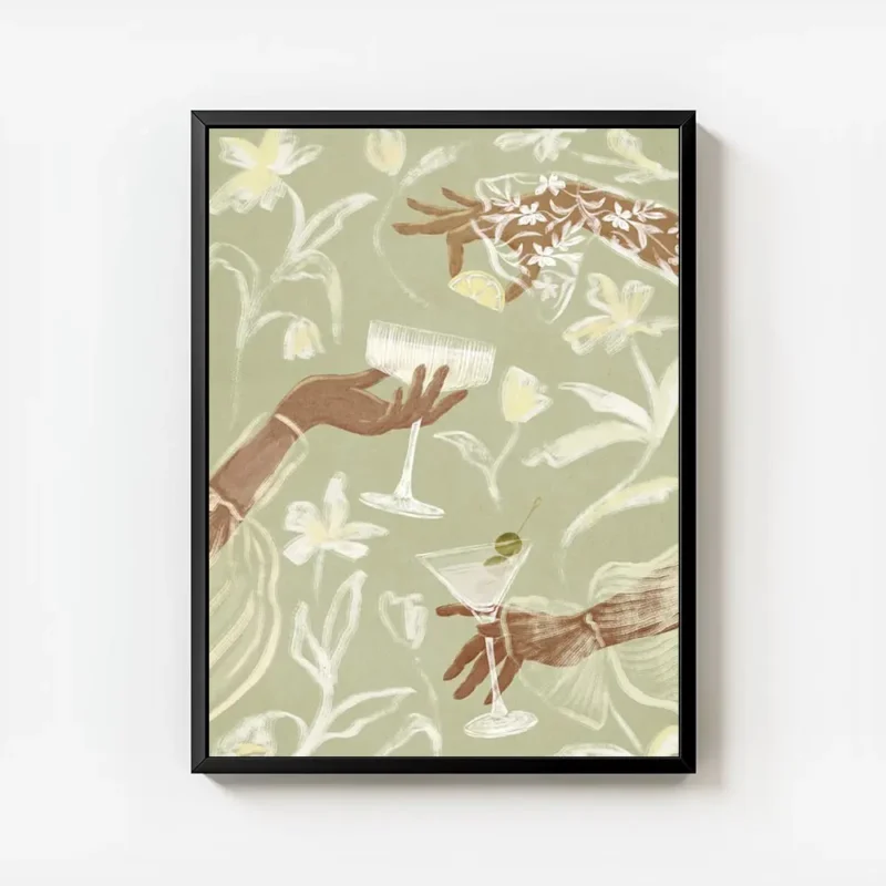 affiche avec illustration de mains tenant des verres a cocktail entourees de lys avec cadre.webp