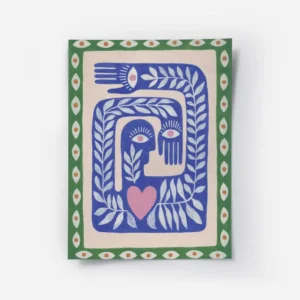 affiche avec illustration de mains yeux et feuilles bleus beiges et verts evoqua.webp