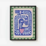 affiche avec illustration de mains yeux et feuilles bleus beiges et verts evoqua avec cadre.webp