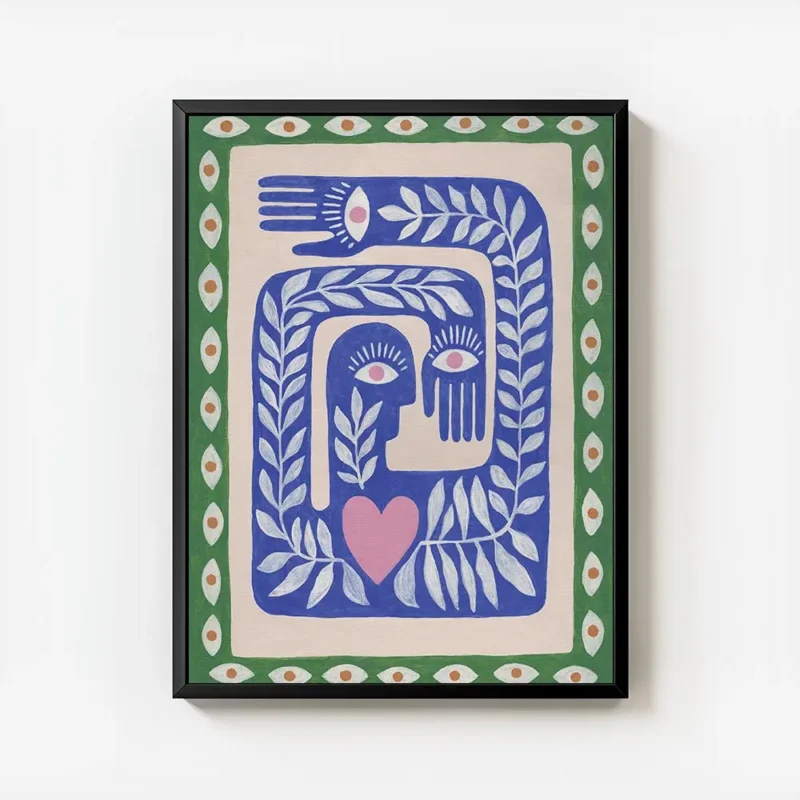 affiche avec illustration de mains yeux et feuilles bleus beiges et verts evoqua avec cadre.webp