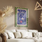 affiche avec illustration de mains yeux et feuilles bleus beiges et verts evoqua salon.webp